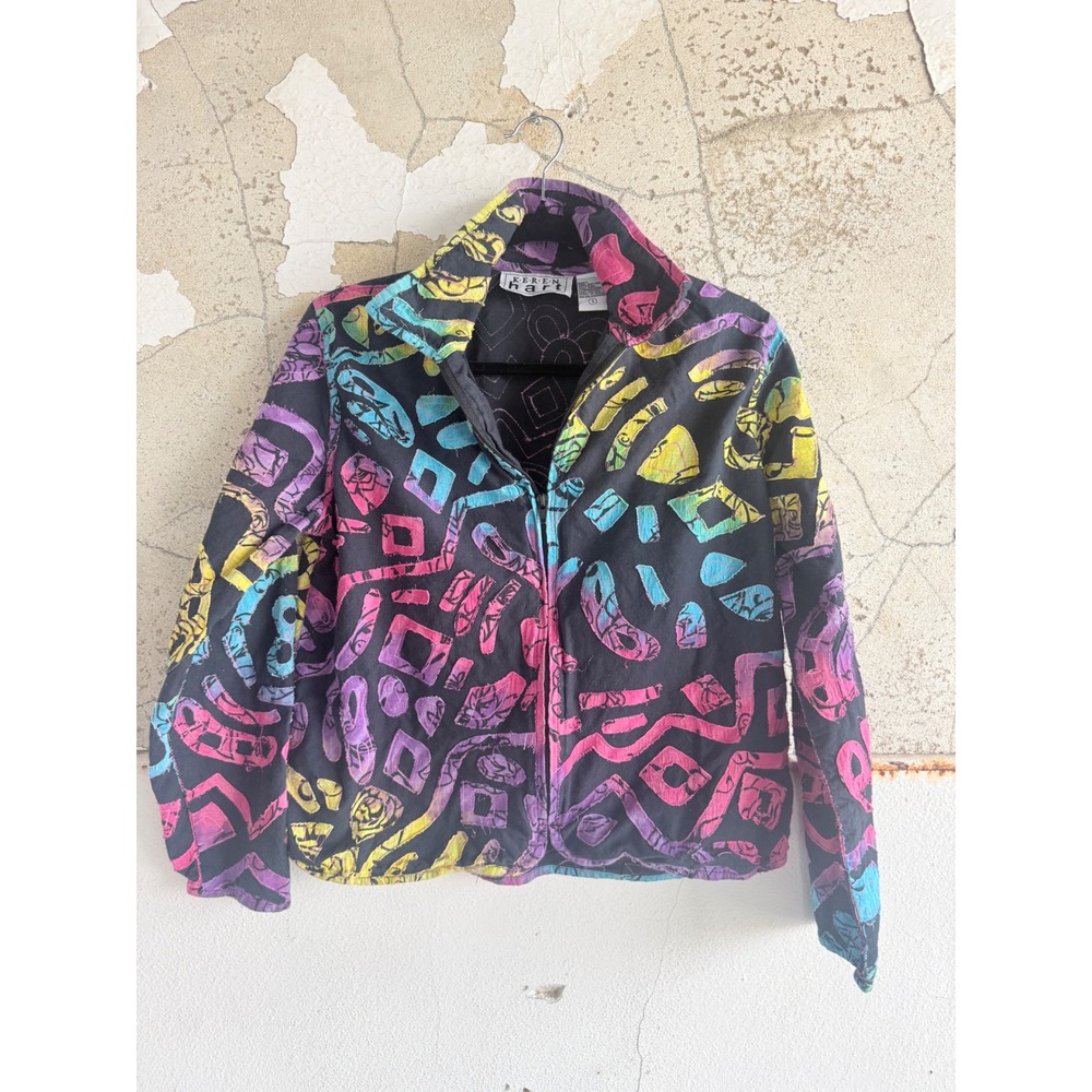 Vtg 90s Jacket Art to Wear Abstract Artsy Applique Cropped Trucker Keren Hart S‎